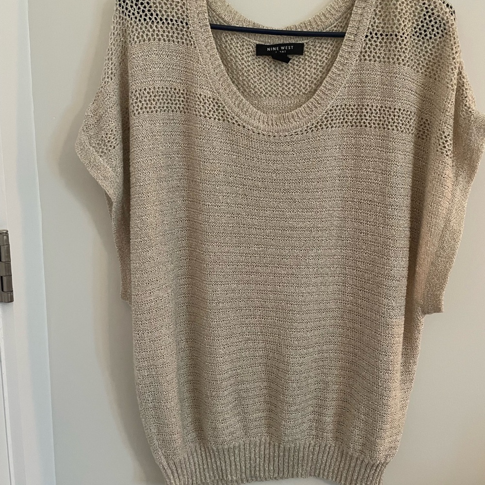 Nine West Cream Crew Neck Sweater Lightweight Open-Knit